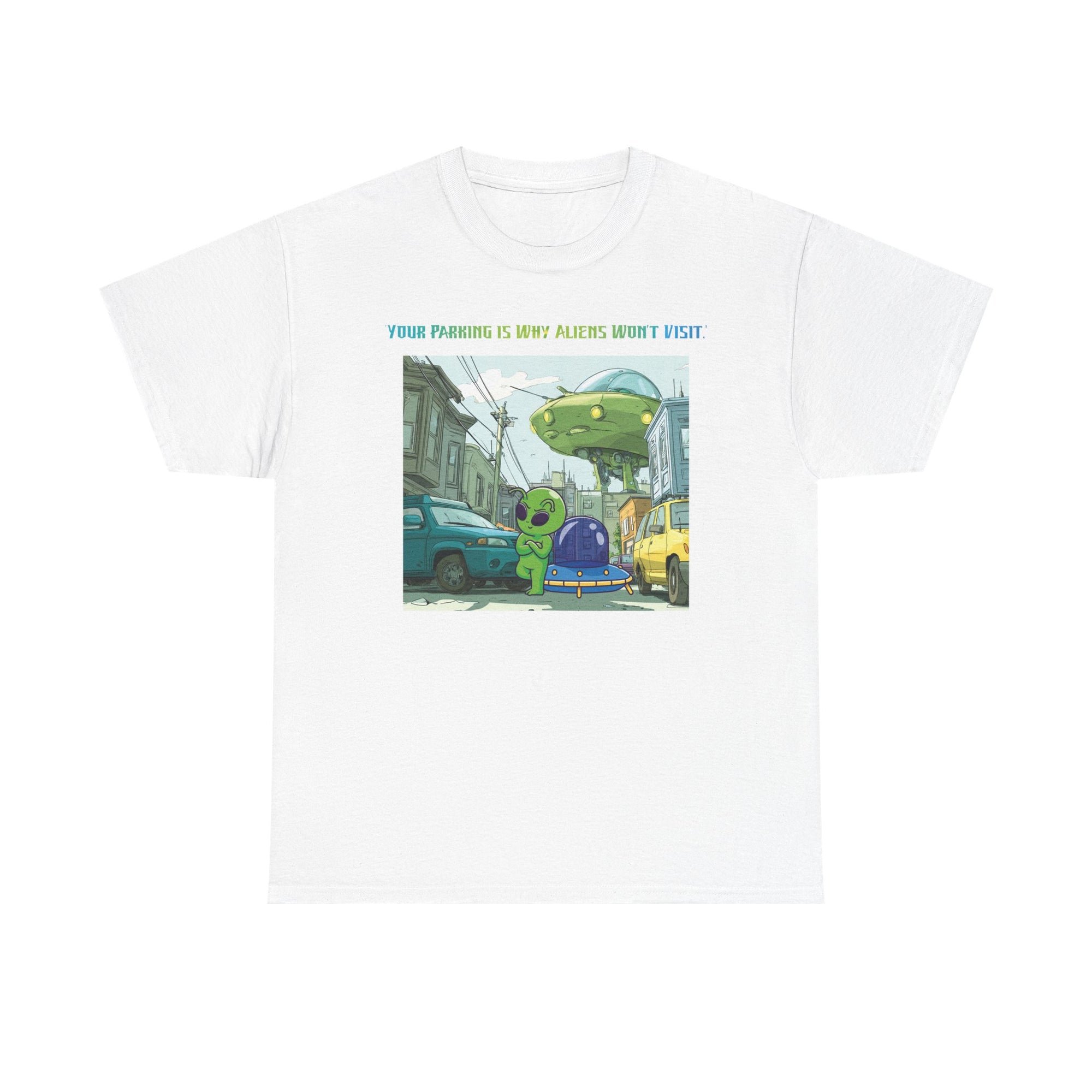 Fun Alien Graphic Tee, Unisex Heavy Cotton T-Shirt for Casual Wear, Unique Gift for Space Lovers, Quirky Humor Shirt, Trendy Summer Top