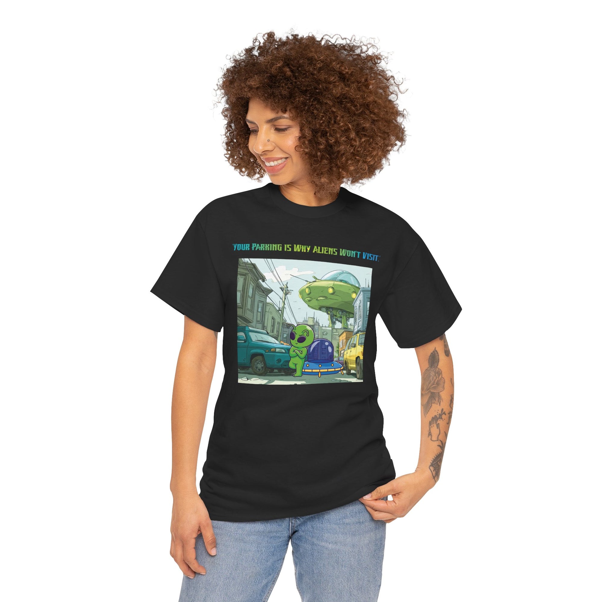 Fun Alien Graphic Tee, Unisex Heavy Cotton T-Shirt for Casual Wear, Unique Gift for Space Lovers, Quirky Humor Shirt, Trendy Summer Top