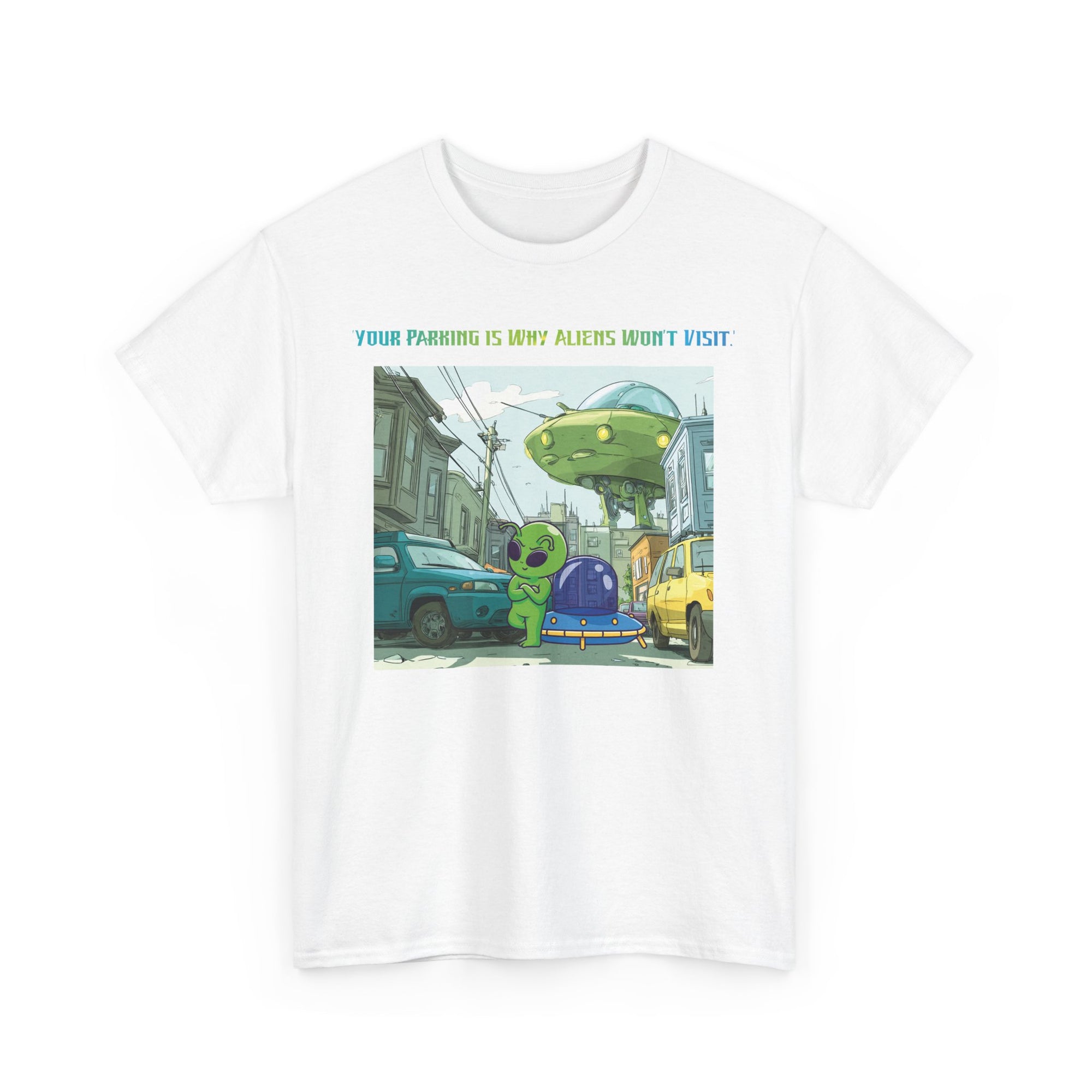 Fun Alien Graphic Tee, Unisex Heavy Cotton T-Shirt for Casual Wear, Unique Gift for Space Lovers, Quirky Humor Shirt, Trendy Summer Top