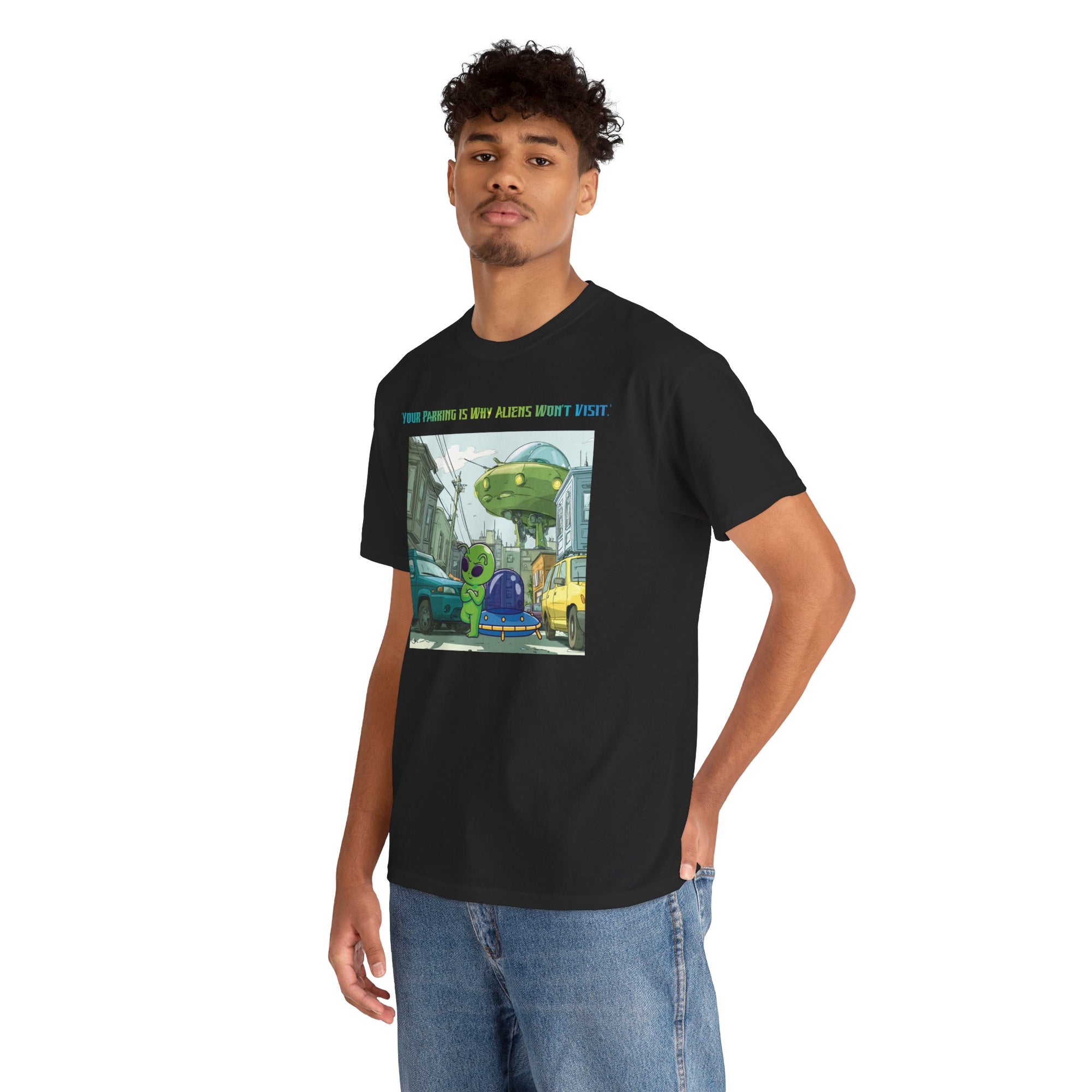 Fun Alien Graphic Tee, Unisex Heavy Cotton T-Shirt for Casual Wear, Unique Gift for Space Lovers, Quirky Humor Shirt, Trendy Summer Top